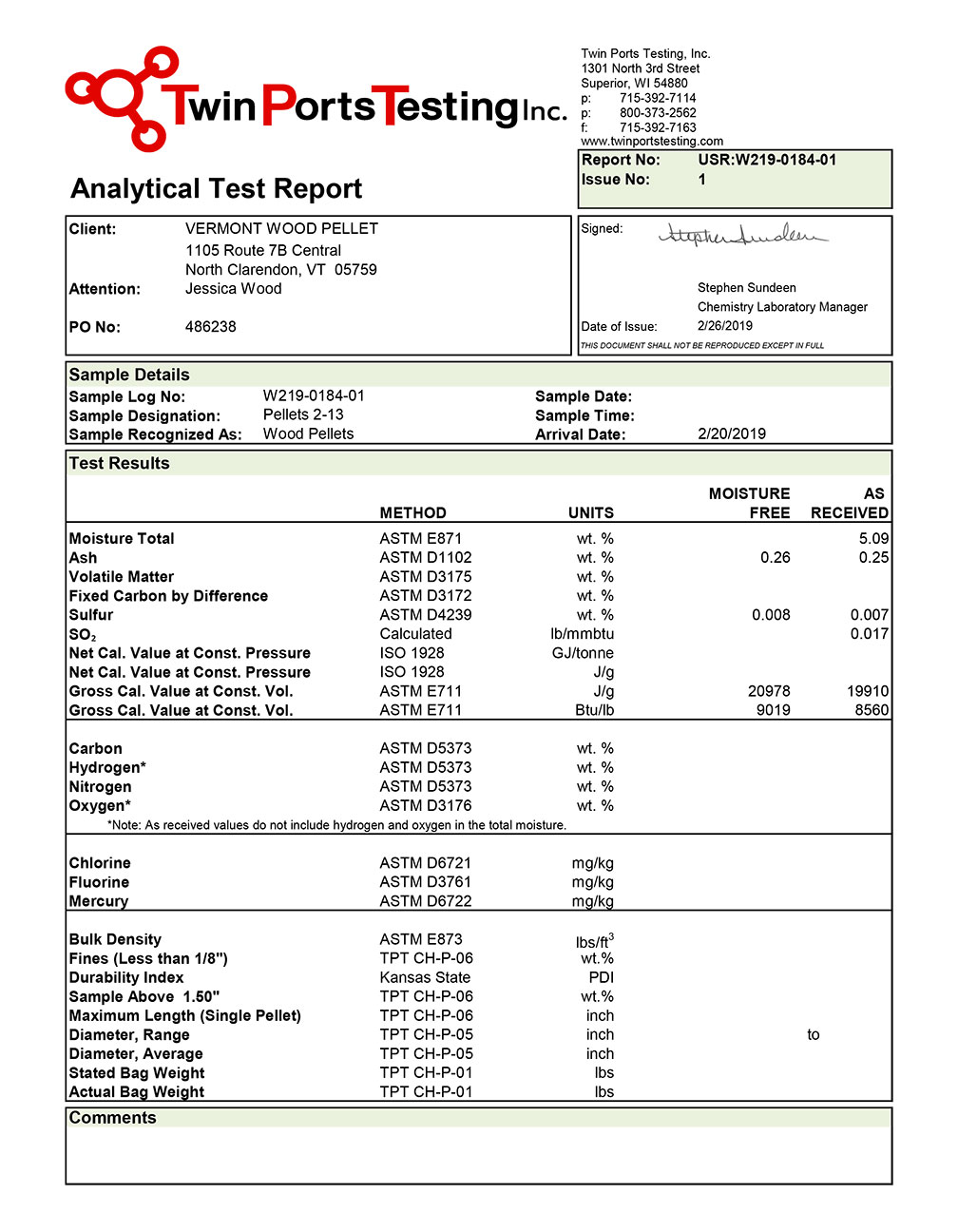 The latest test results from Vermont Wood Pellets
